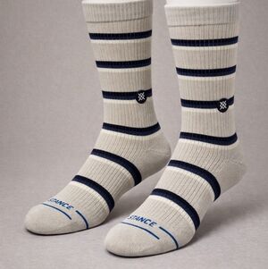 Stance MultiStriped Gray and Navy, Casual Crew Socks, Mens L, 9-13 Cotton